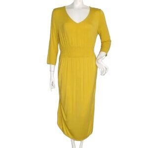 J JASON WU Midi Dress, M, Yellow Jersey, Smocked Waist, Ruched, 3/4 sleeve
